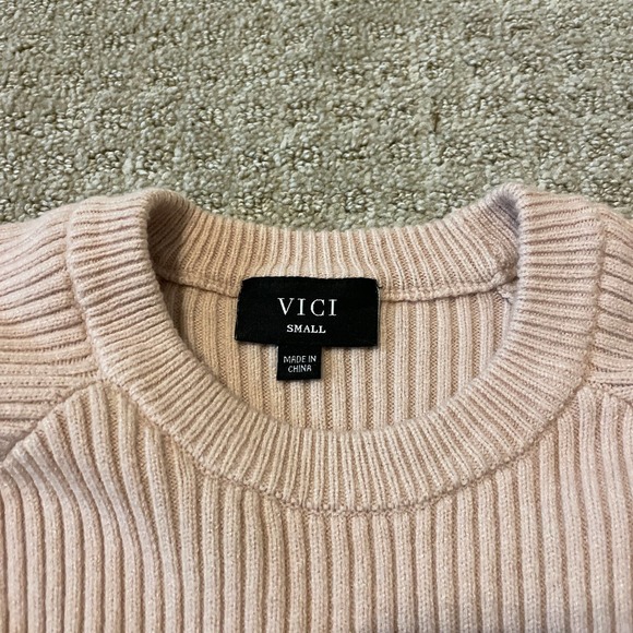 Vici Light Pink Ribbed Crew Neck Cropped Sweater - Picture 3 of 5